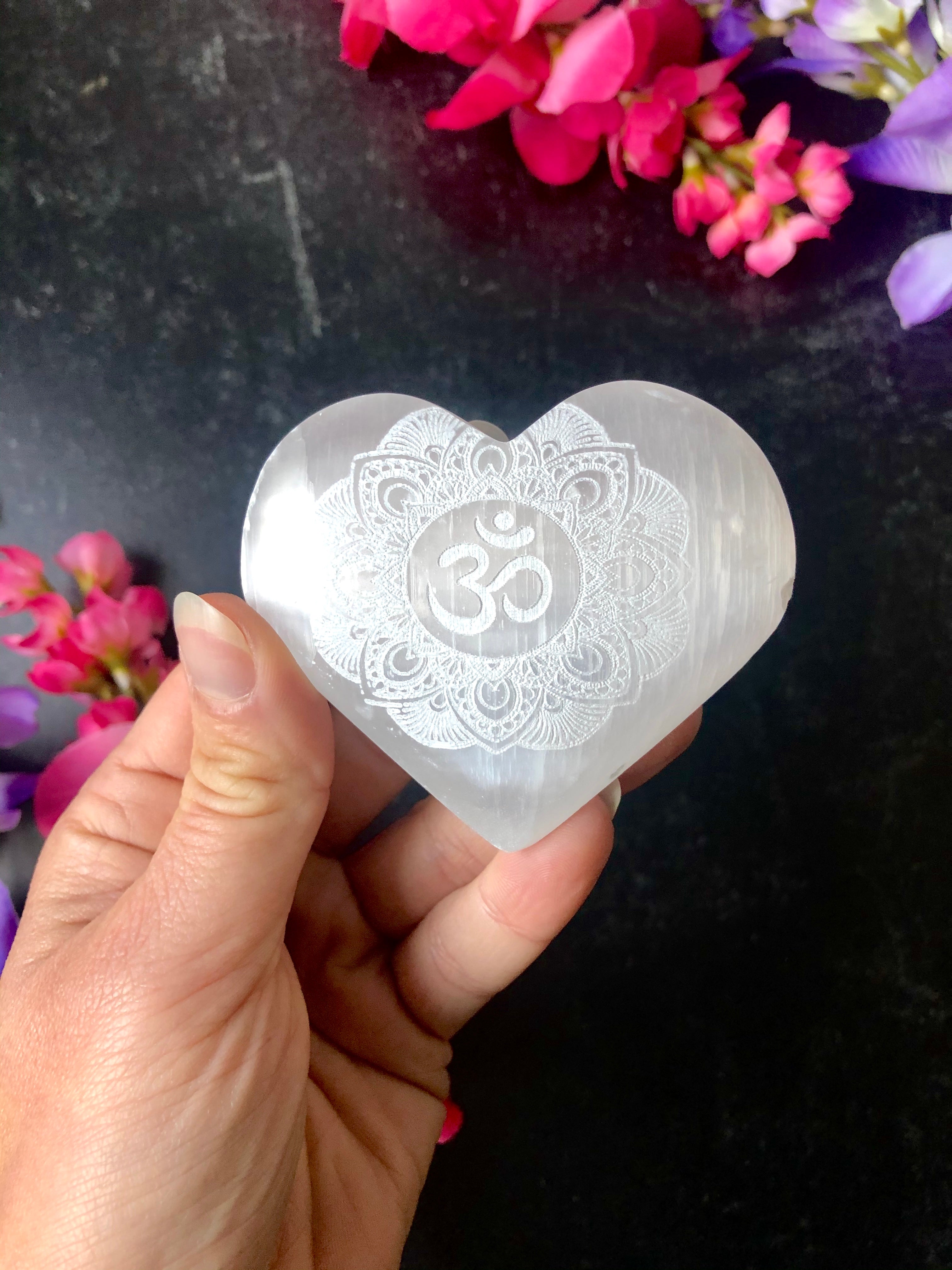 Selenite Heart with Om Mandala Etching