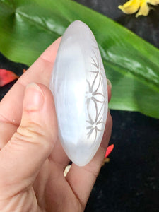 Flower of Life Etched Selenite Palm Stone