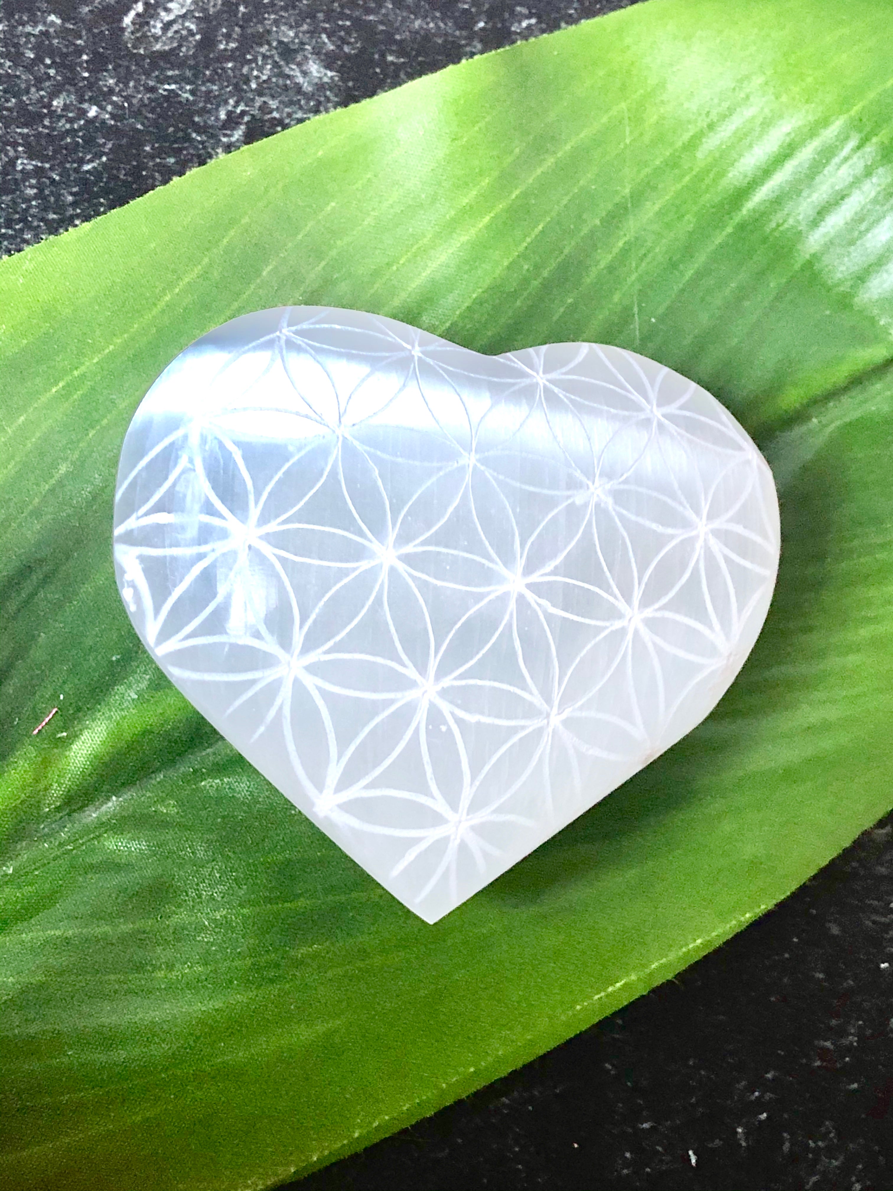 Selenite Etched Flower of Life Heart