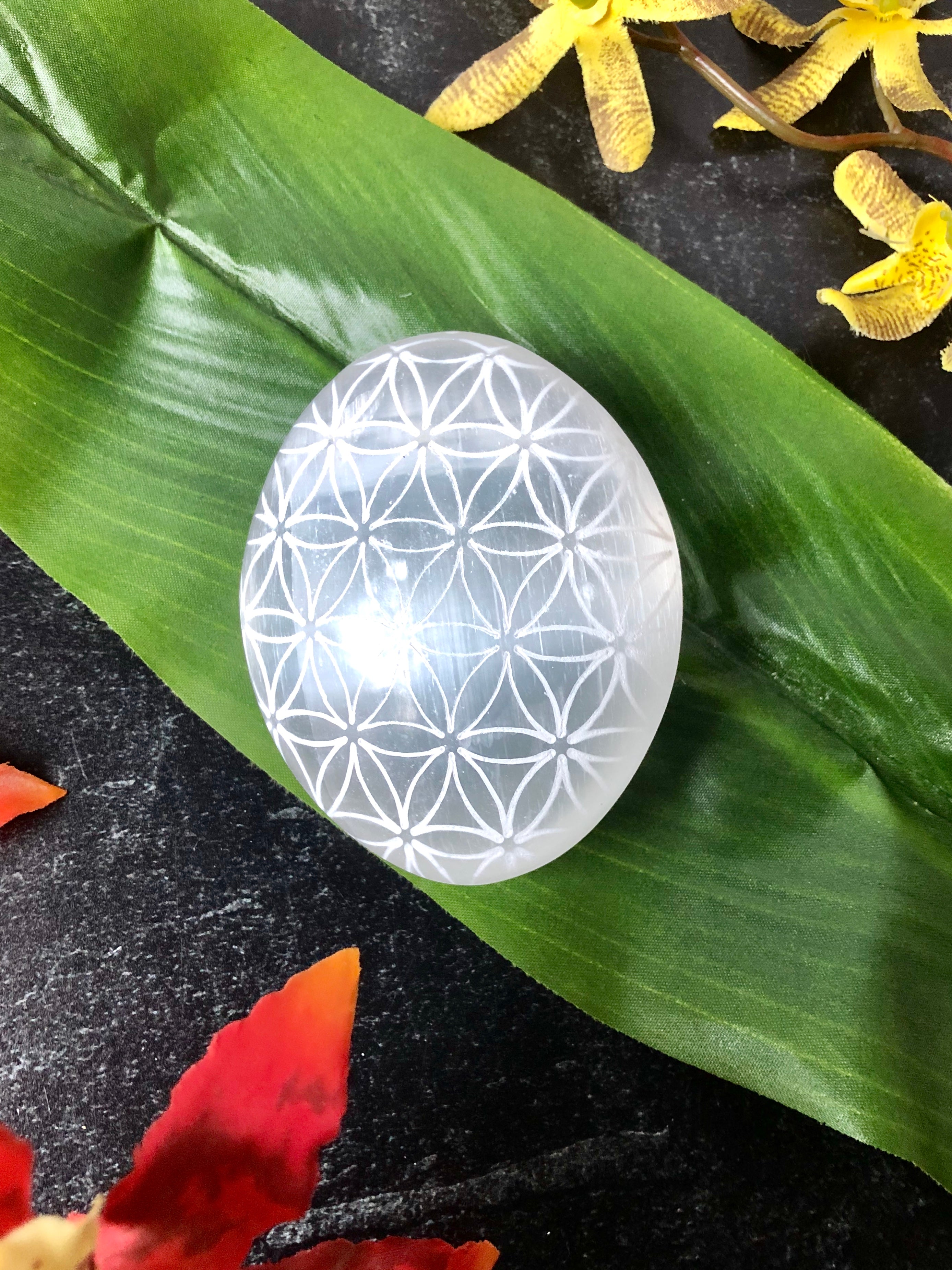 Flower of Life Etched Selenite Palm Stone