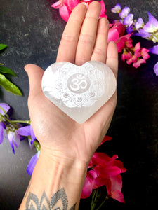 Selenite Heart with Om Mandala Etching